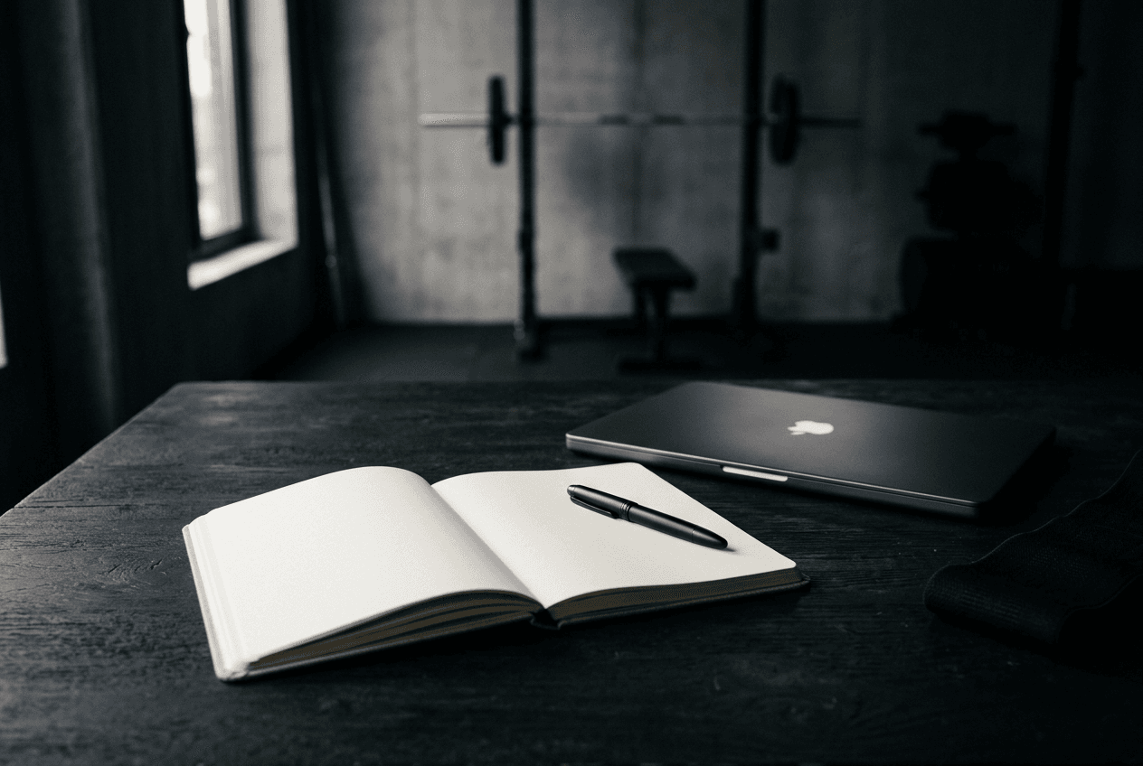 Cuaderno abierto, bolígrafo y portátil en un espacio de planificación junto al entrenamiento.