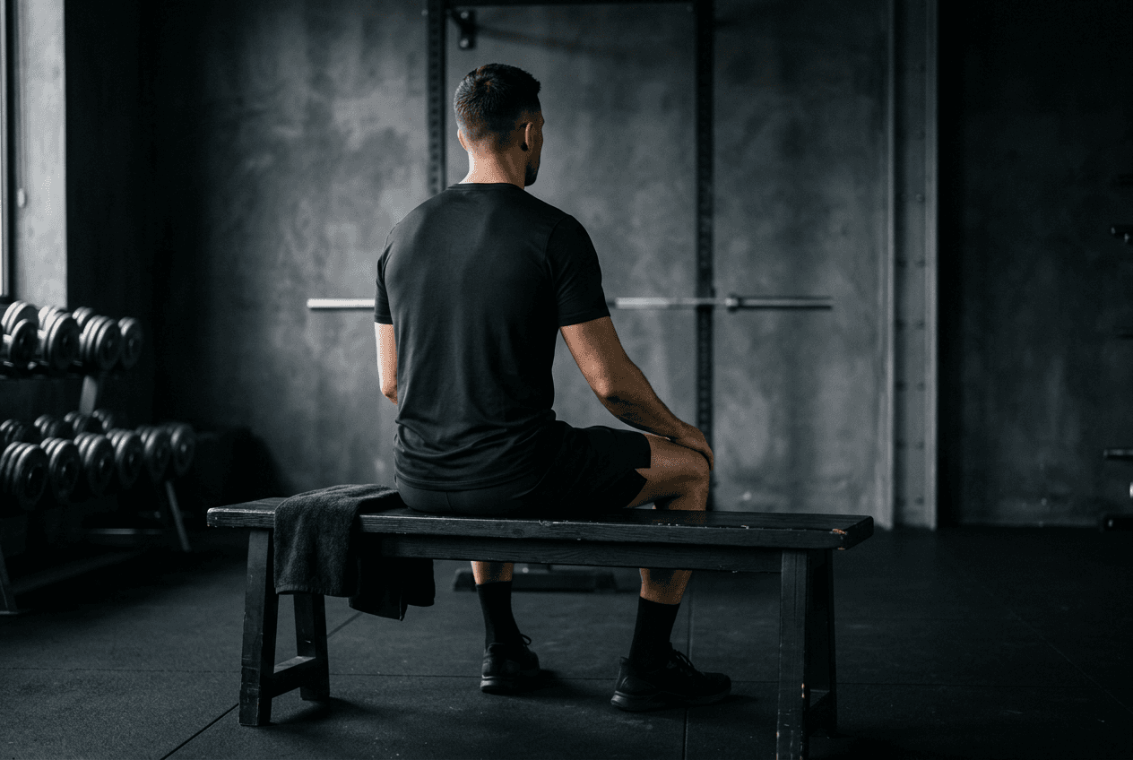 Una persona se toma un momento de pausa y reflexión en un estudio de entrenamiento oscuro.